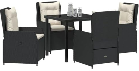 vidaXL 5-teiliges Garten-Esszimmer-Set in Schwarz aus Poly Rattan | 4-Sitzer mit Stahlrahmen und Kissen, Tisch 80 x 80 cm, wetterfeste Gartenmöbel, modernes Design für Balkon oder Terrasse