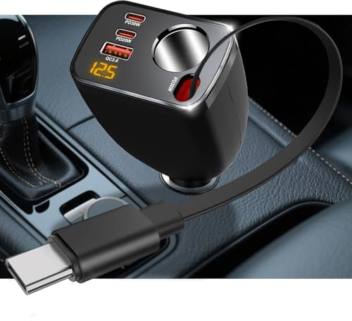 Qidoe 5 en 1 Chargeur Allume Cigare Voiture, PD 30W Câble Rétractable, 12V/24V Adaptateur Prise Allume Cigare avec Voltmètre Type-C/USB-C/USB-A pour iPhone, Android, GPS, Dash Cam