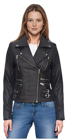 Ladies Leather Biker Real Lamb Nappa Vintage Gothic Buckle Jacket