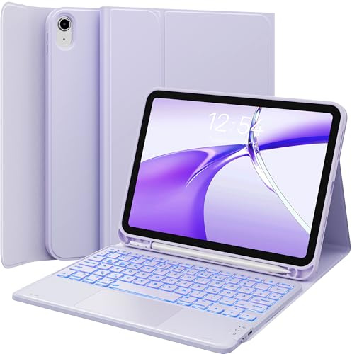 CHESONA Hülle mit Tastatur für iPad 11 Gen(A16, 2025)/iPad 10 Gen(2022) | 7 Farben Beleuchtung, Multi Touch Trackpad, 2 Bluetooth Kanäle, QWERTZ, Lavendellila