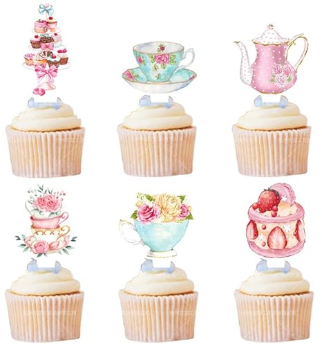 48 Pieces Tea Party Cupcake Toppers Floral Themed Birthday Cake Picks for for Princess Theme Party Supplies Baby Shower