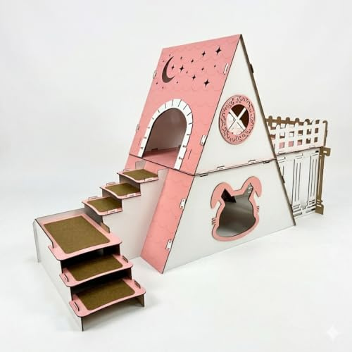 Bungalow Kaninchenhaus mit Terrasse & Heuraufe – 2?stöckiges Premium?Hasenhaus aus 3?mm MDF, handgefertigt & zerlegbar – Indoor/geschützter Outdoor Stall für 1–2 Kaninchen (weiß-rosa, N)