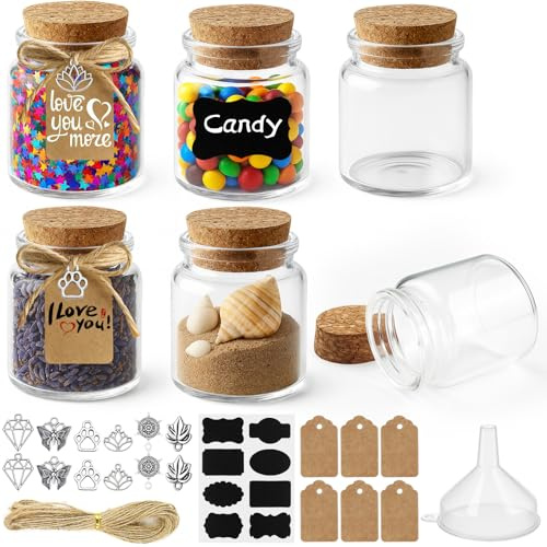 Ferenando 6 Stk 50ml Mini Gläser mit Korken & Anhänger, Gläser zum Befüllen | Leere Kleine Gläser mit Deckel, Mini Gewürzgläser, Kleine Glasflaschen mit Korken für Hochzeitsgeschenke, DIY, Party