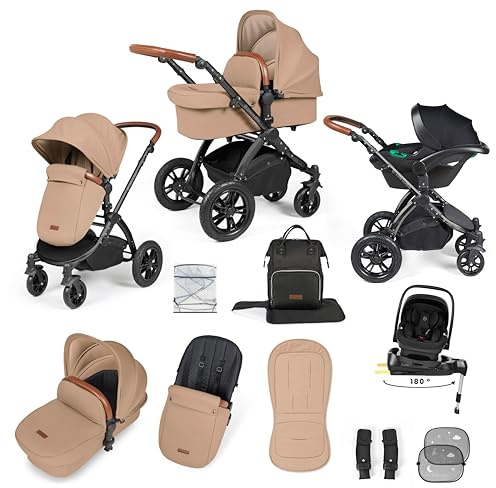 Ickle Bubba Stomp Luxe 12pc Travel System with i-Size Nimbus Car Seat & 180° Spin ISOFIX Base (Desert/Tan, Black Chassis) – Convertible Configurations, Birth to 22kg (Approx. 4 Years)