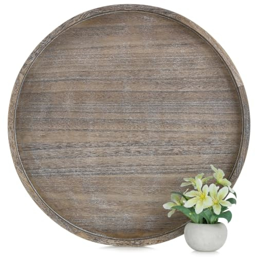 Hanobe Large Wooden Ottoman Tray for Living Room Farmhouse Decor 56cm | Rustic Wooden Decorative Trays with Handles, Round Serving Tray for Centrepiece Display, Extra XXL Coffee Table Decor