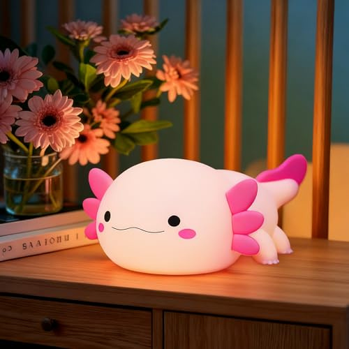 POWZOO Axolotl Silikon Nachtlicht mit Touch-Funktion,Wiederaufladbare-Rosa | 3 Helligkeitsstufen Sowie 30 Minuten Timer,1200mAh,Augenschonendes Warmes Licht,Bruchsicheres Silikon als Zimmerdekoration