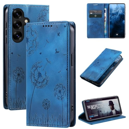LBH Handyhülle für Samsung Galaxy S25 Klapphülle RFID Schutz Kartenfächer Geldfach Design Cover Case Blume Pusteblume Flipcase Blau