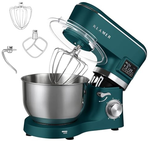 KLAMER Classic Küchenmaschine 1400 W mit 5,5 L Edelstahlschüssel | Knetmaschine mit planetarischem Rührwerk verarbeitet schwere Brotteige mühelos, arbeitet gleichmäßig mit Fermentierfunktion