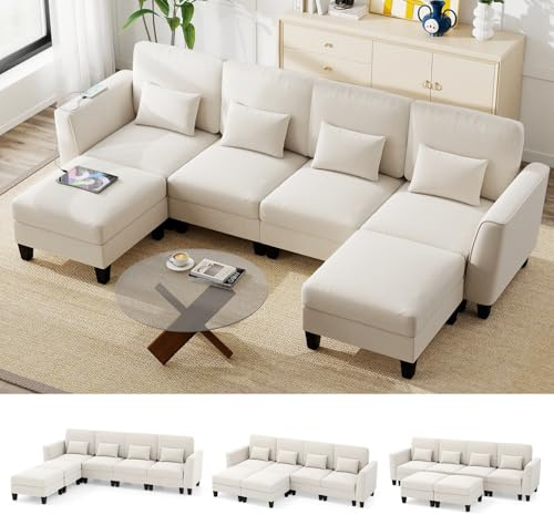 COSTWAY 280 cm Ecksofa mit 2 Ottomane & 4 Kissen, Modulares Sofa mit Schlaffunktion, U-Form Eckcouch mit USB- & Type-C-Ladeanschlüssen, 4-Sitzer Couch für Wohnzimmer, Schlafzimmer, Wohnung (Beige)
