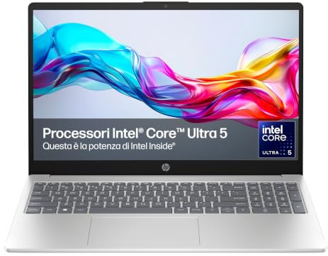 HP Laptop 15-fd2005sl, PC Portatile 15, Display FHD, Notebook, (Intel Core Ultra 5 225U, RAM 24GB, SSD 1TB, Windows 11), Computer Portatile, Uso quotidiano, Tastiera Italiana, QWERTY, Argento