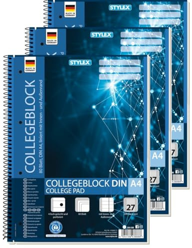 Stylex 43888-P3 - Collegeblock liniert, 3 Stück in DIN A4, je 80 Blatt mit 60 g/m² mit Spiralbindung