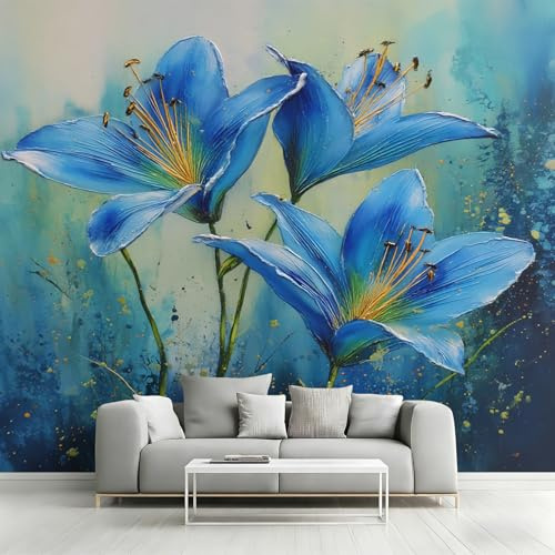 Générique Papier Peint Intissé Fleur Peinture à l'huile, Papier Peint Panoramique Lys Bleu pour Salon Chambre Bureau Couloir, Décoration Murale, 366 x 254 cm (L x H) Y&W65