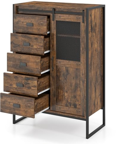 COSTWAY Buffet Haut Industriel avec 5 Tiroirs, Porte Coulissante, Meuble de Rangement Vertical avec Étagères, Armoire Compacte pour Petit Espace, Salle à Manger, Entrée, Cuisine (Marron Rustique)