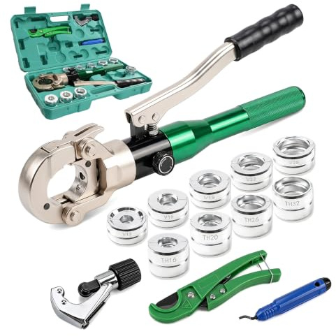 Growlush Pipe Press Tool Kit, Pipe Crimping Tool with 5 V-Profile Jaws (12-28mm) & 4 TH-Profile Jaws (16-32mm), Includes Pipe Cutter and Deburrer for Copper and Multilayer Pipe