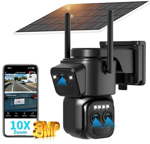 Budsun 10X Zoom 4K Outdoor Solar Security Camera Wireless with Triple Lens | 360° PTZ, Human Auto Tracking, Siren, Night Color, 2-Way Audio, 2.4G WiFi, IP66, Ideal for Home/Doorway/Garage/Yard/Warehouse