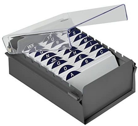 Acrimet Boîte à Fiches Organisateur 3'' x 5’', Base en Métal Robuste (Index AZ et un Séparateur Plastique Inclus) (Base Grise avec Couvercle Transparent)