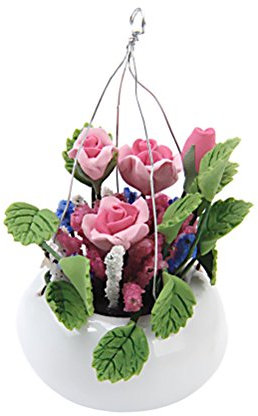 Miniature Pink Clay Flower with Hanging Pot by 1/12 Dollhouse Decoration