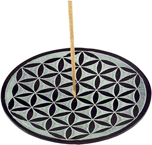 Guru-Shop Porte-encens Indien en Stéatite, Assiette à Bougies - Fleur de vie 1, Noir, Porte-bâton D`encens