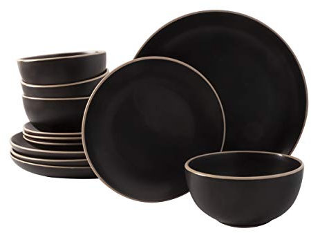 Gibson Home Rockaway Geschirrsets aus Steinzeug, rund, für 4 Personen (12 Stück), Schwarz