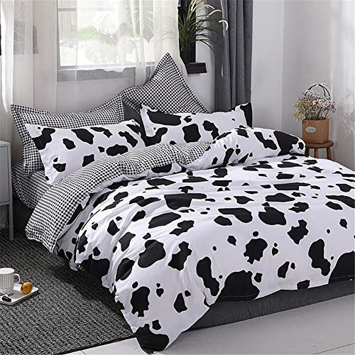 Omela Kuh Bettwäsche 135x200 Kinder Jungen Schwarz Weiß Kuhmuster Bettbezug Kinderbettwäsche Set Microfaser Schwarz Weiss Kariert Wendebettwäsche mit Kopfkissenbezug 80x80 cm Reißverschluss