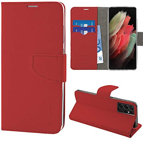 N NEWTOP Cover Compatibile per Samsung Galaxy S21 Ultra 5G, HQ Lateral Custodia Libro Flip Chiusura Magnetica Portafoglio Simil Pelle Stand (Rosso)