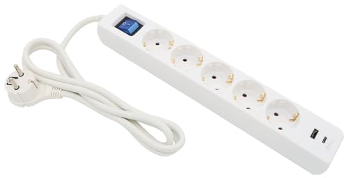 ARLI 1,5m Steckdosenleiste 5 Fach weiß mit USB Ladebuchsen USB-A USB-C Schalter Mehrfachstecker Kinderschutz Überspannschutz flachem Winkelstecker Schutzkontakte 5-Fach Mehrfachsteckdose Steckdose