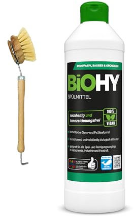 BiOHY Spülmittel (500 ml) + Spülbürste| Bio Geschirrspülmittel ohne schädliche Chemikalien | Flüssiger Fettlöser für frischen Glanz | ideal für Spülmittelspender | hautfreundlich & duftend