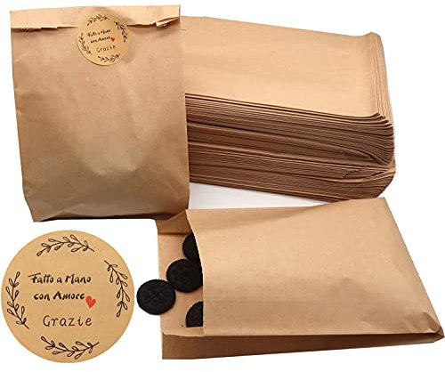 Sacchetti Alimenti in Carta Kraft Bustine Sacchettini Mini per Confetti Confettata Caramelle + 60pz Adesivi Adesivi Grazie Fatto a Mano per Regalo Natale Bomboniere Matrimonio (11 * 16)
