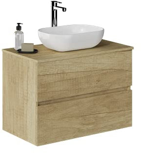 Baikal Mueble de Baño Onyx. Mueble MONTADO, Mueble 2 cajones. Mueble Baño con Lavabo. Mueble Suspendido. Armario de Pared. Lavabo Cerámico. 80cm Nature.