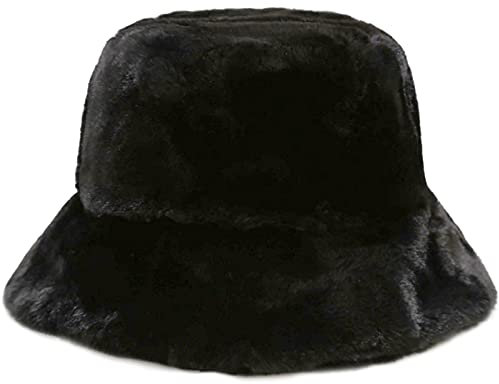 Malaxlx Damen Schwarz Plüsch Fischerhut Wintermütze Flauschige Bucket Hat Warme Anglerhut