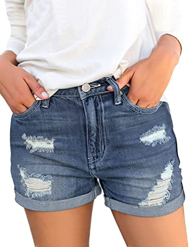 luvamia Damen Jeansshorts mit hoher Taille, mit Bündchensaum, Jeansshorts, L Monaco Blau, Mittel