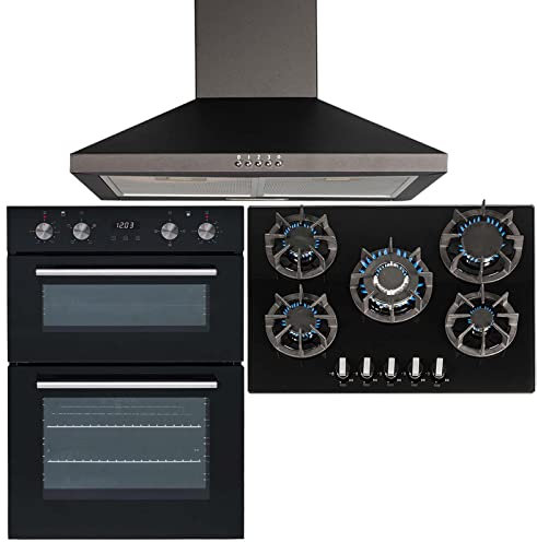 SIA 60cm DO102 Black Built In Fan Oven, 70cm R8 Black 5 Burner Gas On Glass Hob With Cast Iron Pan Stands & CHL70BL Chimney Cooker Hood Extractor Fan