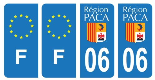 HADEXIA Aufkleber für Nummernschild, Departement 06 Alpes-Maritimes Alpes-Maritimes Alpes-Region PACA & F Frankreich Europa, 4 Stück