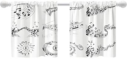 Shrahala Musik-Vorhänge für Küchenfenster, Musiknoten und Clefs, Weiß auf schwarzen Etagen, für Fenstervorhang, Café, Wäsche, Schlafzimmer, 66 x 61 cm
