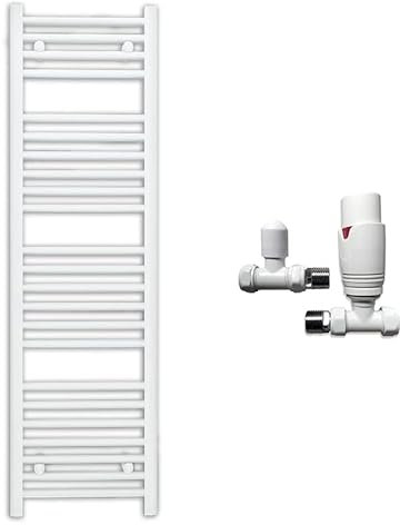 Myhomeware 550mm Wide Straight White Heated Bathroom Towel Rail Radiator With Valves For Central Heating UK (With TRV Straight Valves, 550 x 1200 mm (h))