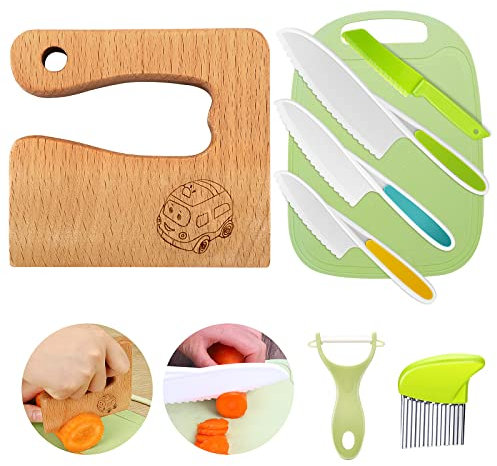 Goodchef Kindermesser 8-teiliges Kinder-Küchenmesser-Set zum Schneiden und Kochen von Obst oder Gemüse für Kleinkinder, inklusive Holzmesser Schneidebrett Schäler(Wagen)