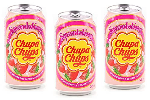 3X Chupa Chups - Corea Drink al gusto Fragola e Panna (Strawberry & Cream) 345 ml - NOVITA' - Bevanda Frizzante con aroma, Soda, Cola,