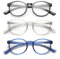 OKH 3 pack Blue Light Blocking Round Reading Glasses, Mens Womens Unisex Anti Eye Strain/Headache Reading Eyelasses with Spring Hinge TR90 Frame(Black+Gray+Blue +2.0)