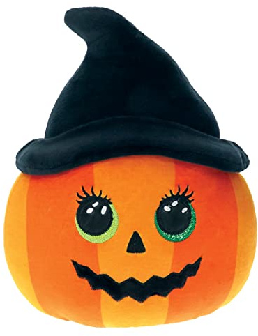 Ty Squishy Beanies Ramona der Halloween-Kürbis, weiches Plüschkissen mit grünen Glitzeraugen und Hexenhut, Geschenkidee für Groß und Klein, alle zum Sammeln 33 cm T39346