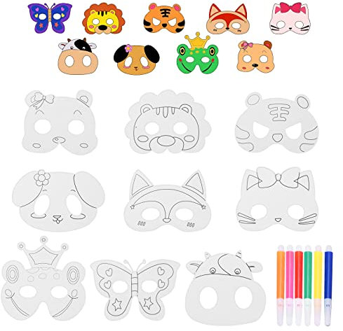9 Tiermasken mit 6 Aquarellstifte, DIY Blanko Bemalen Masken für Kinder, Frosch Löwe Tiger Schmetterling Cosplay Maske, Bühnenaufführungen Thema Party Carnival Bastelset für Mädchen Jungen