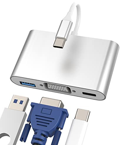 USB C to VGA USB-A Type-C Adapter(3in1) TV Splitter Digital AV Converter Charger Connector Cord Thunderbolt OTG Cable Projector Monitor Sync Screen Mouse MacBook Apple IPhone15 Pro Max Plus ipad Pro