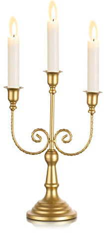 Sziqiqi Candelabro de Metal Dorado - Portavelas de 29,5 cm de Alto Portavelas de 3 Brazos para Velas Cónicas para Centros de Mesa de Cena A La Luz de Las Velas Decoraciones Navideñas de Chimenea