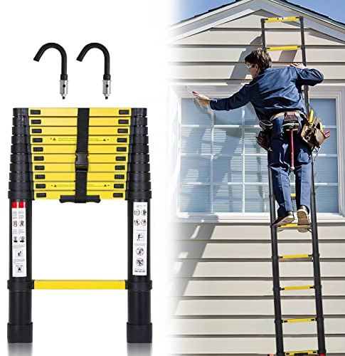 Sonnewelt 3,8M Teleskopleiter mit 2 Abnehmbarem Haken, Rutschfester Aluminium Stehleiter, 150 kg/330 Pfund Belastbarkeit Ausziehbare Leiter, Aluminiumleiter mit Tragegriff