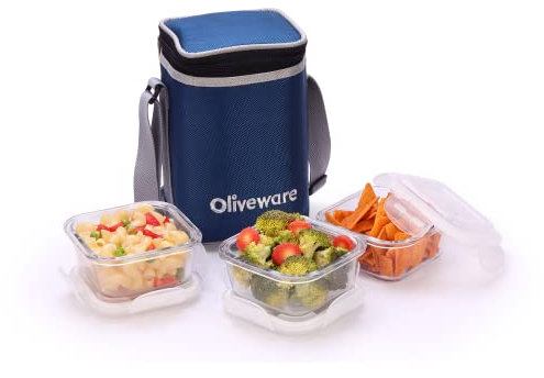Oliveware Bounty Glassware Lunchbox | Borosilicate Glass | Microwave, Dishwasher & Freezer Safe | Set of 3 containers | 320ml Each - Blue