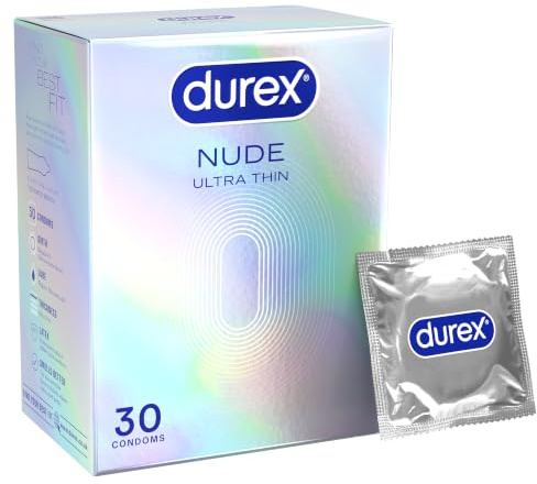 Durex Nude, 30 Condoms, Ultra Thin, Pre Lubricated, Silicone Lube | Our Thinnest Latex Condoms, Ultra Thin, Easy On, Teat Ended, Pre Lubricated with Silicone Lube