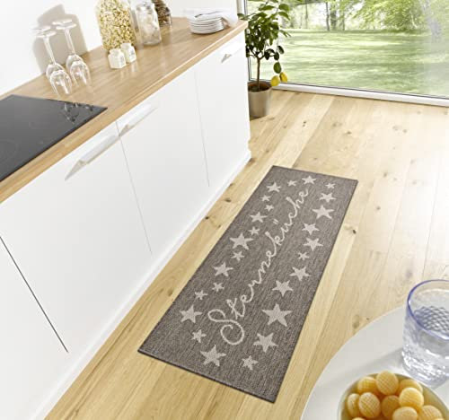Hanse Home Cucina Küchenläufer Sterneküche – Teppichläufer mit Schriftzug Flachgewebe Küchenteppich rutschfest Teppich Läufer für Küche, Flur, Eingangsbereich, Esszimmer – 62x150cm, Braun