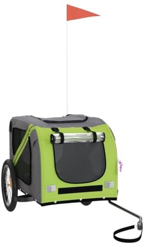 vidaXL Fahrradanhänger für Hunde, Hundeanhänger mit Reflektoren Flagge, Hundetransporter Maximale Belastbarkeit 45kg, Grün Grau Oxford-Gewebe Eisen