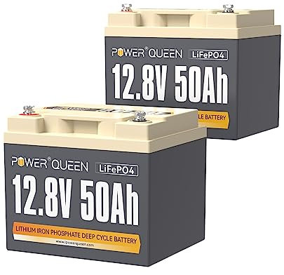 Power Queen Batterie 12V 50Ah LiFePO4(Pack de 2), Rechargeable Batterie avec 50A Protection BMS et 4000-15000 Cycles Profonds, sans Entretien Parfait pour Camping-Car, Système Solaire, E-Scootern