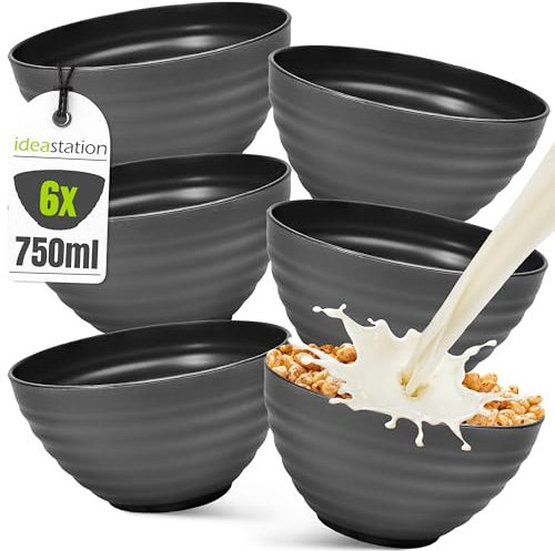 idea-station Müslischalen aus Kunststoff 6 Stück - 750 ml - anthrazit - bruchsicheres Bowl Schüssel Set - Plastik Schalen & Schüsseln Set - kleine Salatschüssel