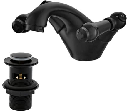 Matte Black Victoria Bathroom Sink Tap for Basin with Pop Up Sink Plug Dual Handle Brass Swan Neck Bathroom Tap Mixer Traditional Basin Mixer Tap 032ABK